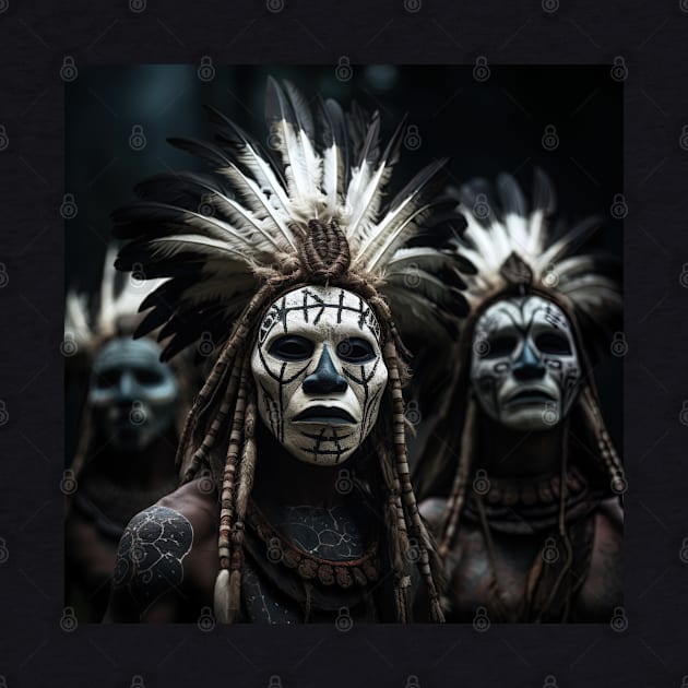 amazon tribe with white jasper masks dark background by Maverick Media